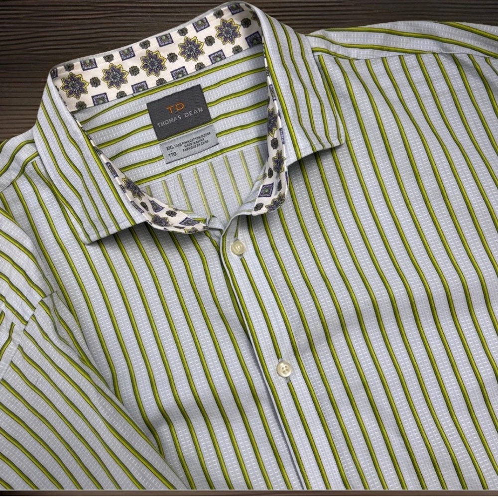 Thomas Dean Contrast Cuff Green and White Striped Men's Button Down Shirt